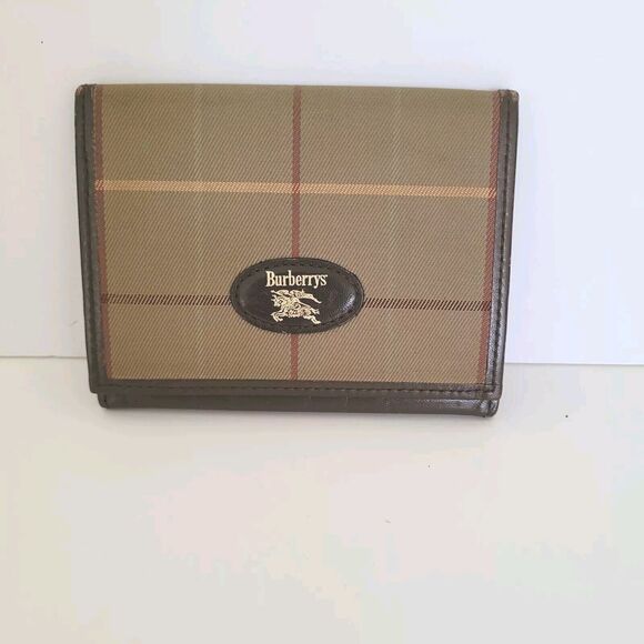 Burberry Wallet Brown Bifold ID Card Holder Leather Small Plaid Unisex Compact - Picture 1 of 7